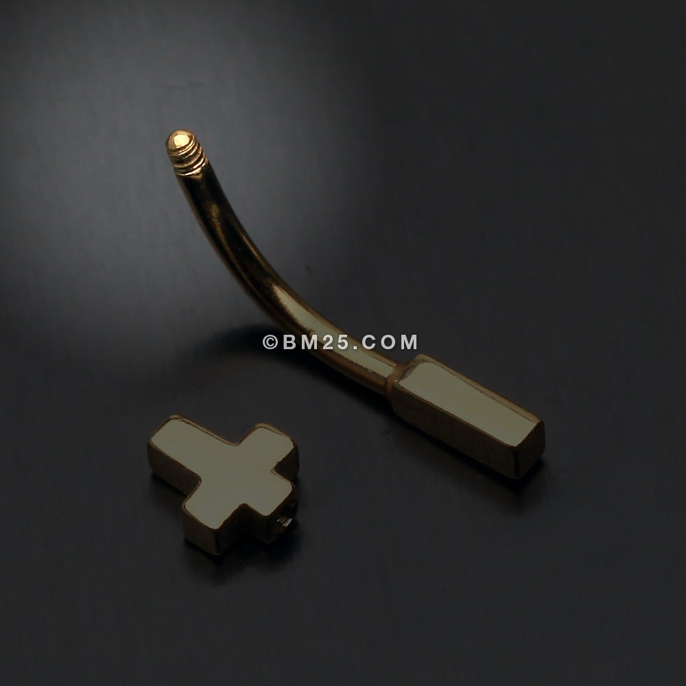 Detail View 1 of Golden Cross Curved Barbell Eyebrow Ring-Gold