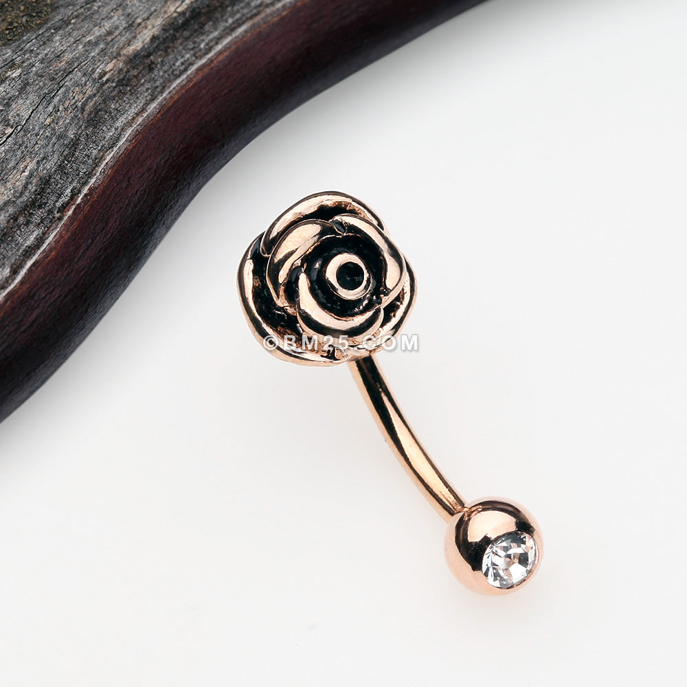 Detail View 1 of Rose Gold Blossom Rose Curved Barbell Eyebrow Ring-Clear Gem