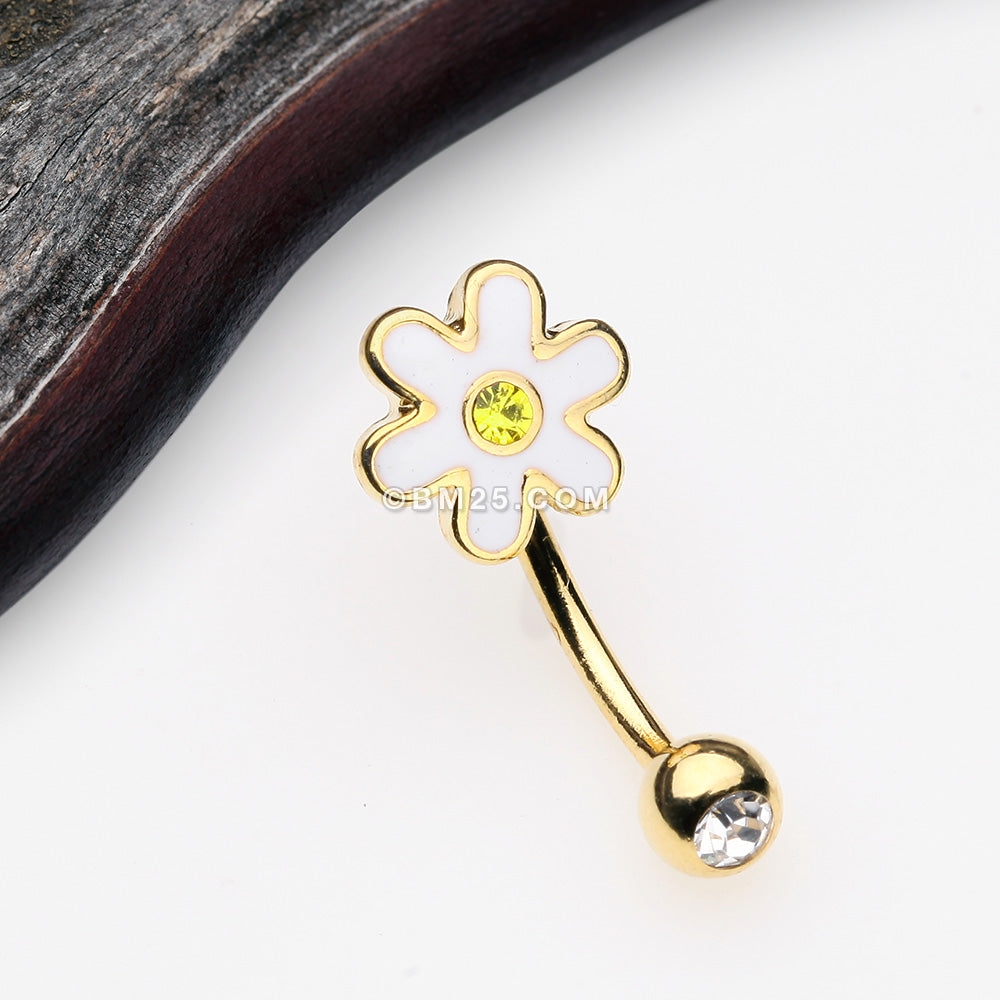 Detail View 1 of Golden Adorable Daisy Steel Curved Barbell Eyebrow Ring-Clear Gem/Yellow