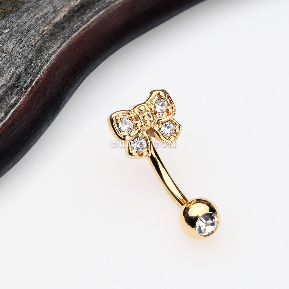 Detail View 1 of Golden Dainty Bow-Tie Sparkle Eyebrow Curved Barbell Ring-Clear Gem