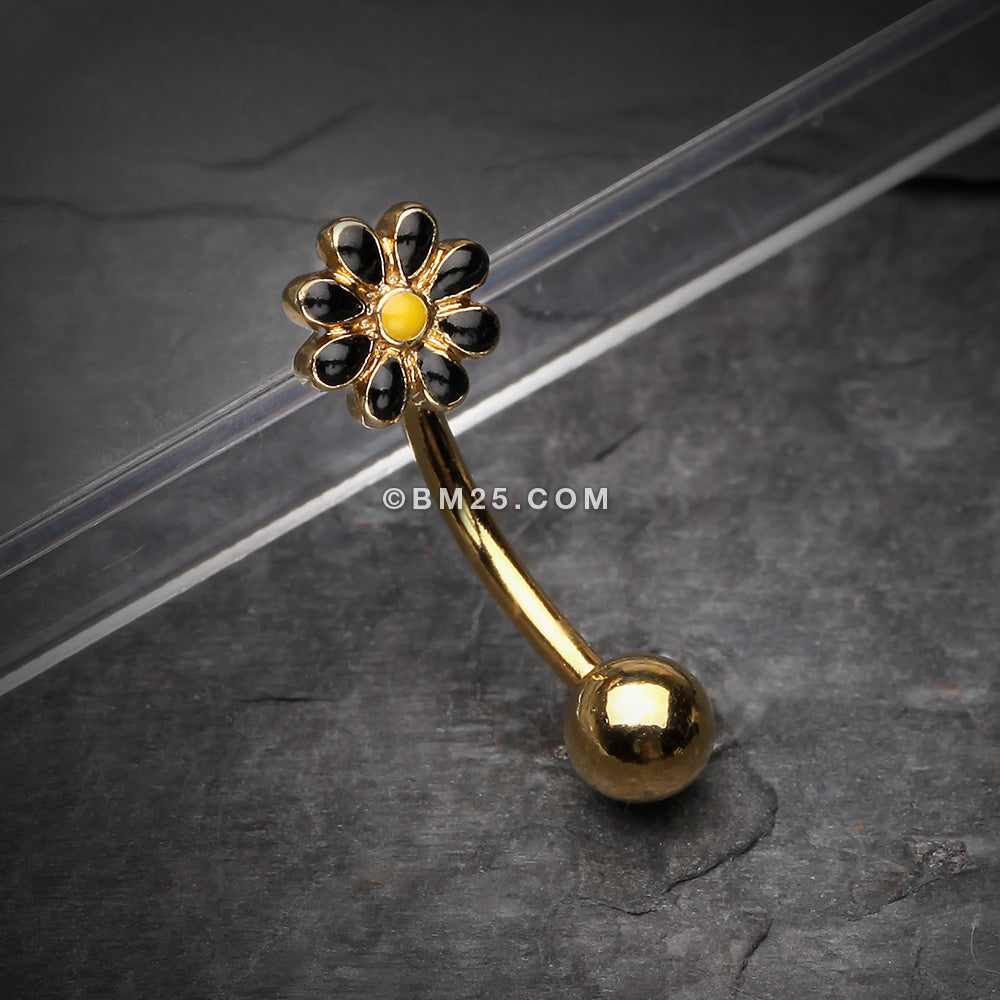 Detail View 1 of Golden Dainty Adorable Daisy Curved Barbell Ring-Black/Yellow