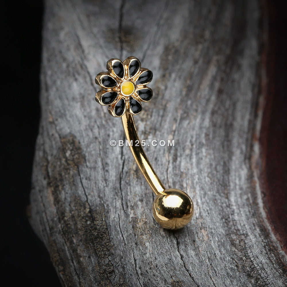 Detail View 3 of Golden Dainty Adorable Daisy Curved Barbell Ring-Black/Yellow