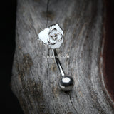 Detail View 3 of White Rose Blossom Sparkle Curved Barbell Ring-White/Clear