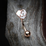 Detail View 3 of Rose Gold White Rose Blossom Sparkle Curved Barbell Ring-White/Clear