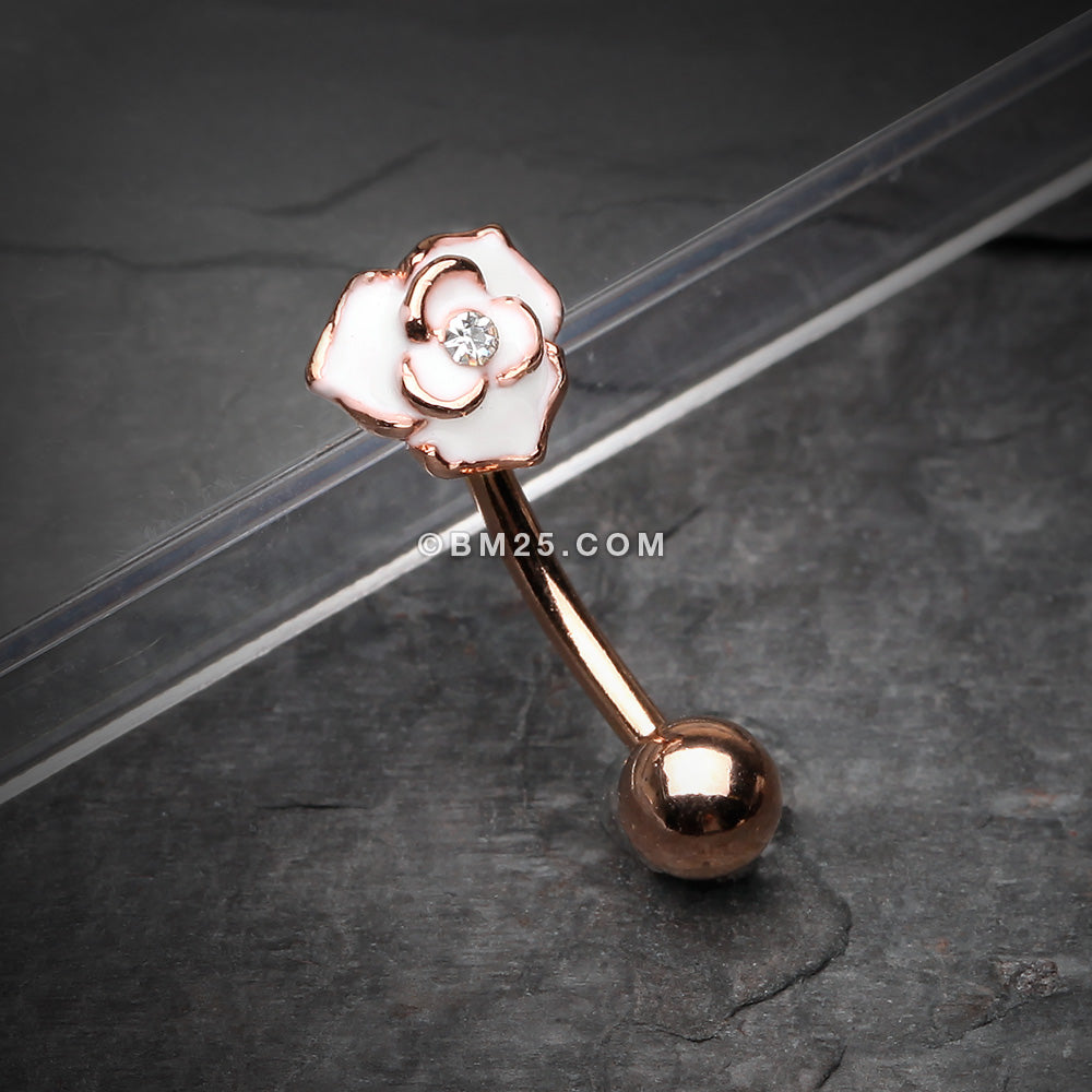 Detail View 1 of Rose Gold White Rose Blossom Sparkle Curved Barbell Ring-White/Clear