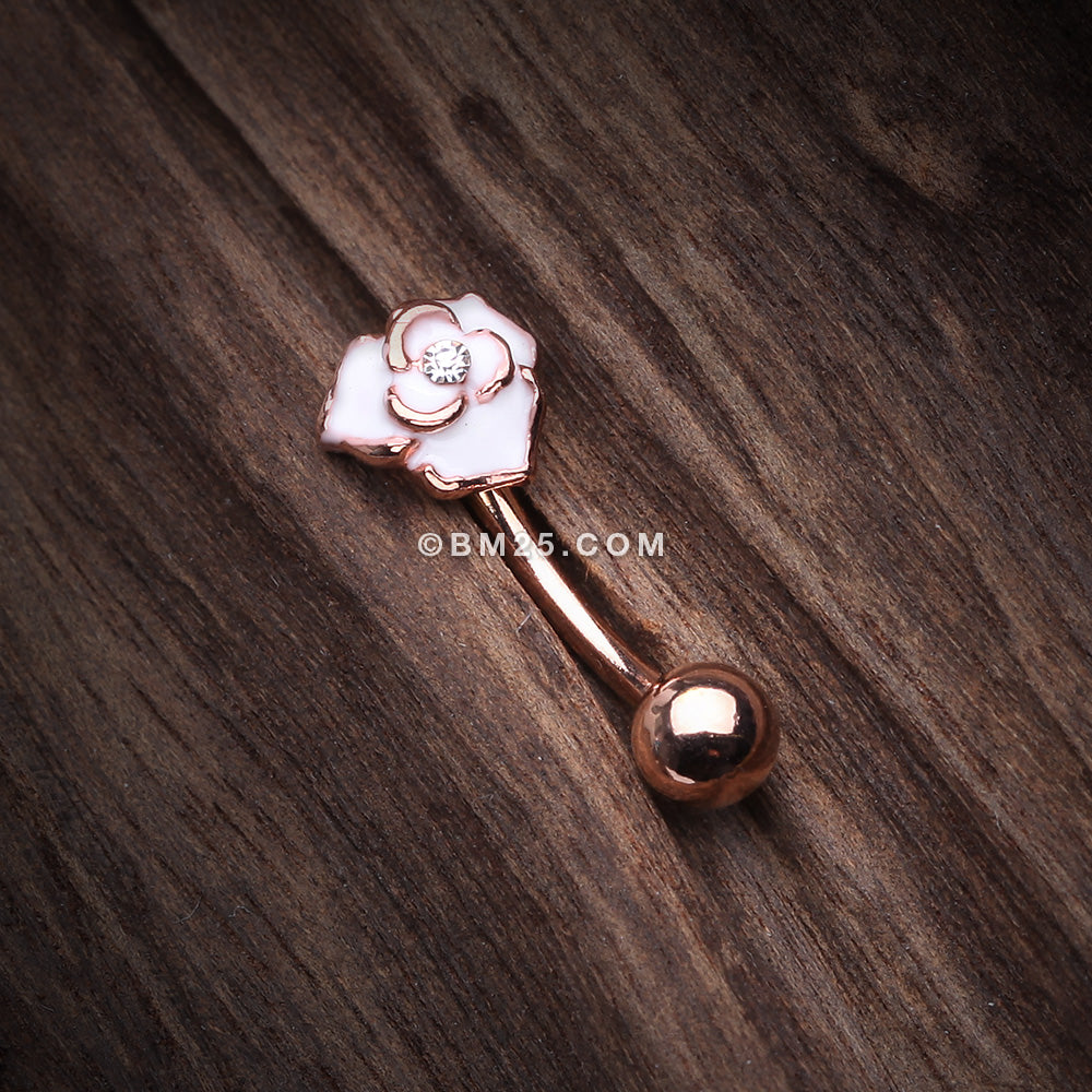 Detail View 2 of Rose Gold White Rose Blossom Sparkle Curved Barbell Ring-White/Clear