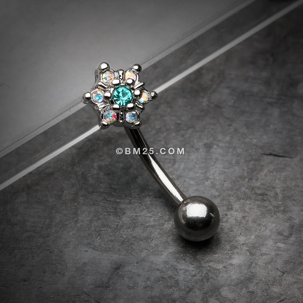 Detail View 1 of Brilliant Sparkle Spring Flower Eyebrow Curved Barbell Ring-Aurora Borealis/Teal
