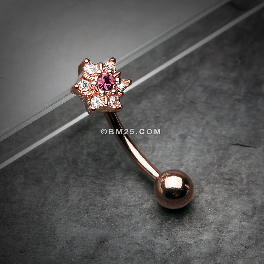 Detail View 1 of Rose Gold Brilliant Sparkle Spring Flower Eyebrow Curved Barbell Ring-Clear Gem/Purple