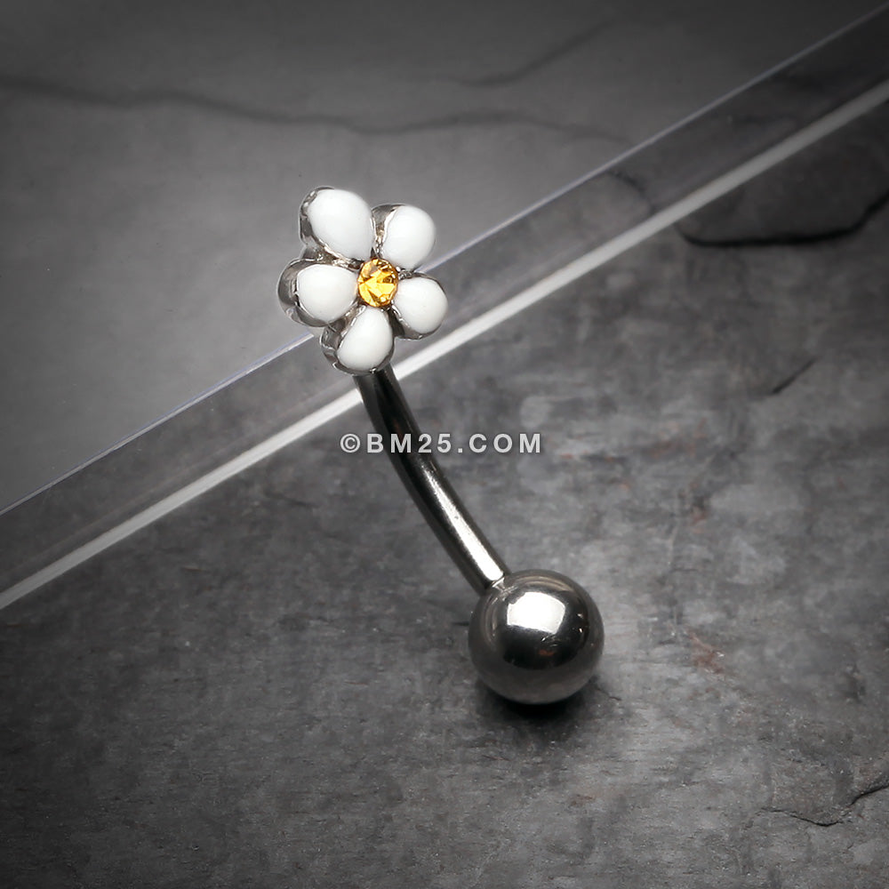 Detail View 1 of Adorable Plumeria Flower Curved Barbell Ring-White/Yellow