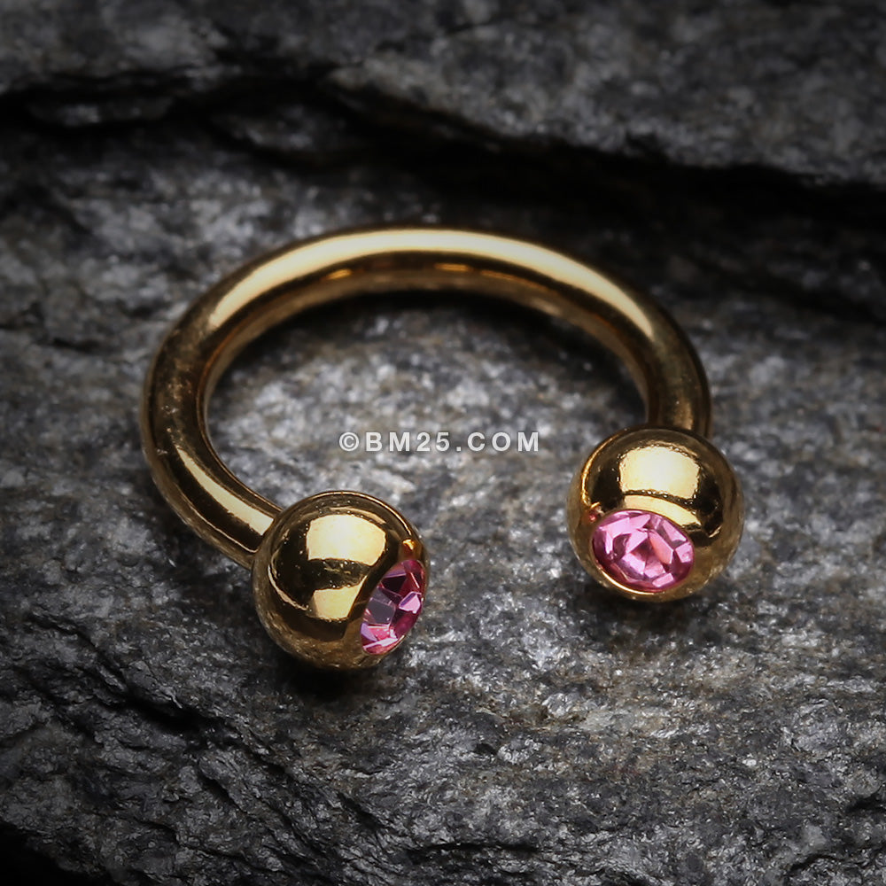 Detail View 1 of Gold Plated Gem Ball Horseshoe Circular Barbell-Pink