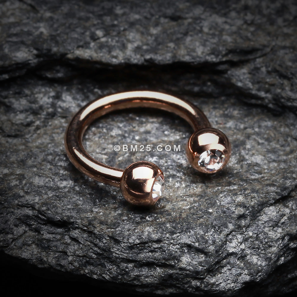 Detail View 1 of Rose Gold Plated Gem Ball Horseshoe Circular Barbell-Clear Gem