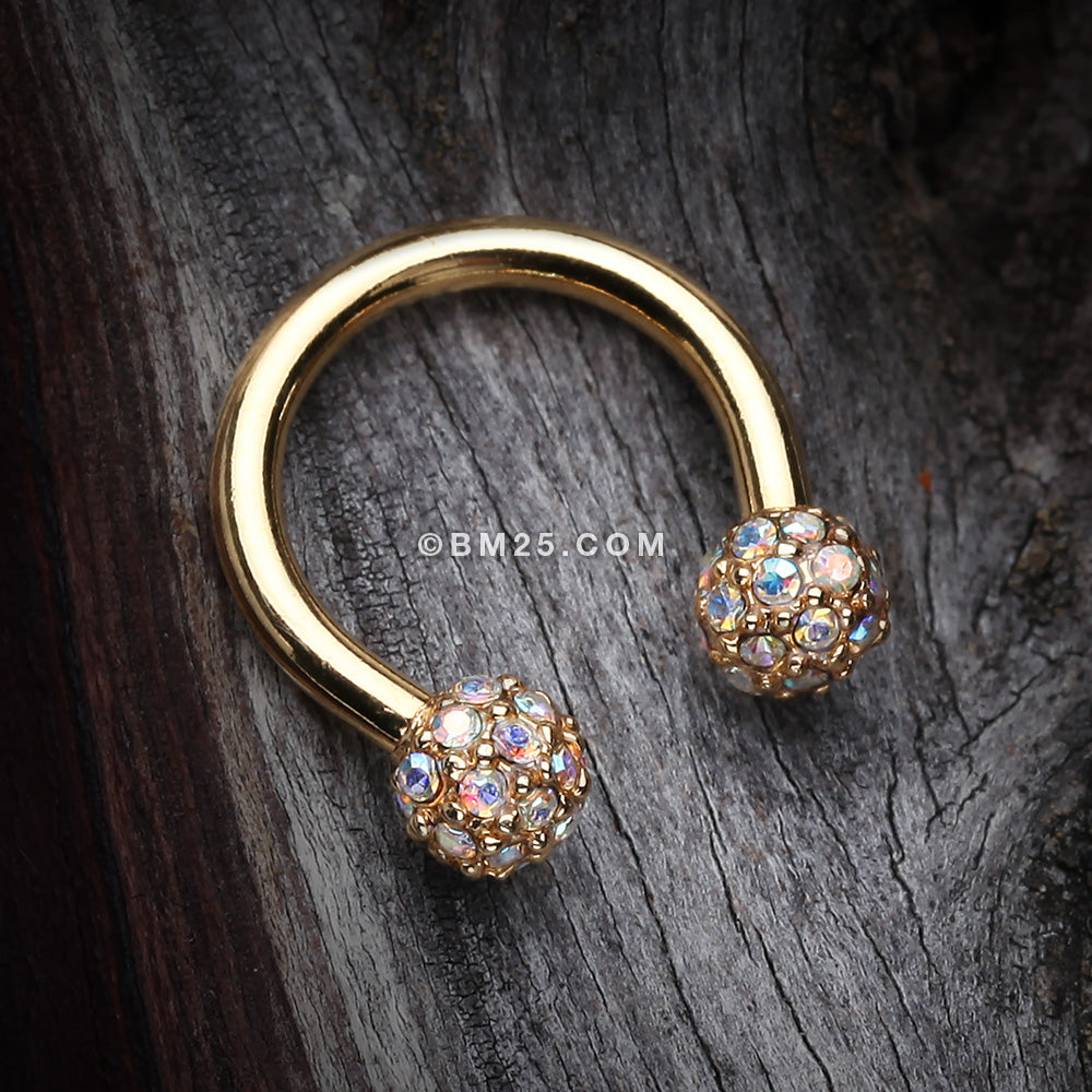 Detail View 1 of Golden Pave Sparkle Full Dome Horseshoe Circular Barbell-Aurora Borealis