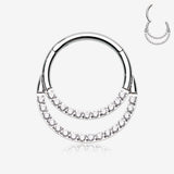 Brilliant Sparkle Gem Lined Double Loop Accent Seamless Clicker Hoop Ring-Clear Gem