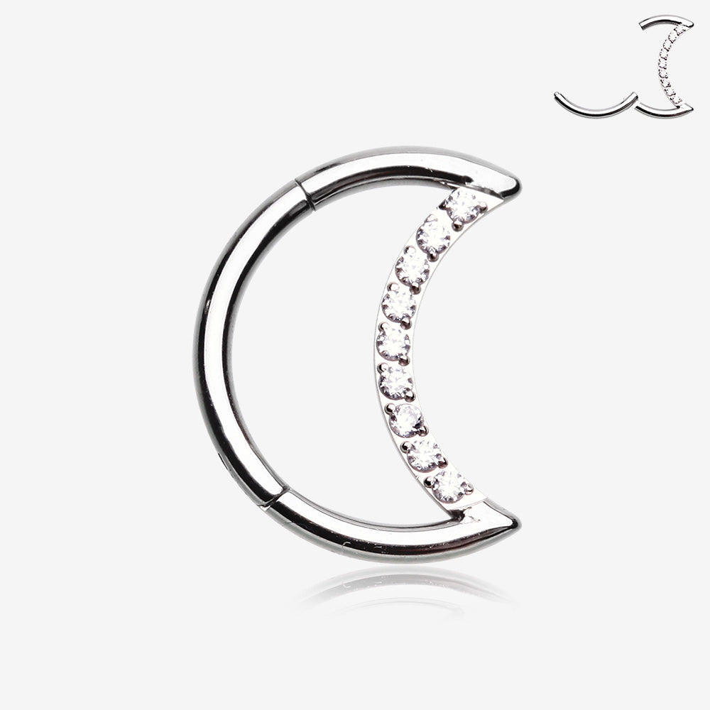 Brilliant Sparkle Gem Lined Crescent Moon Seamless Clicker Hoop Ring-Clear Gem