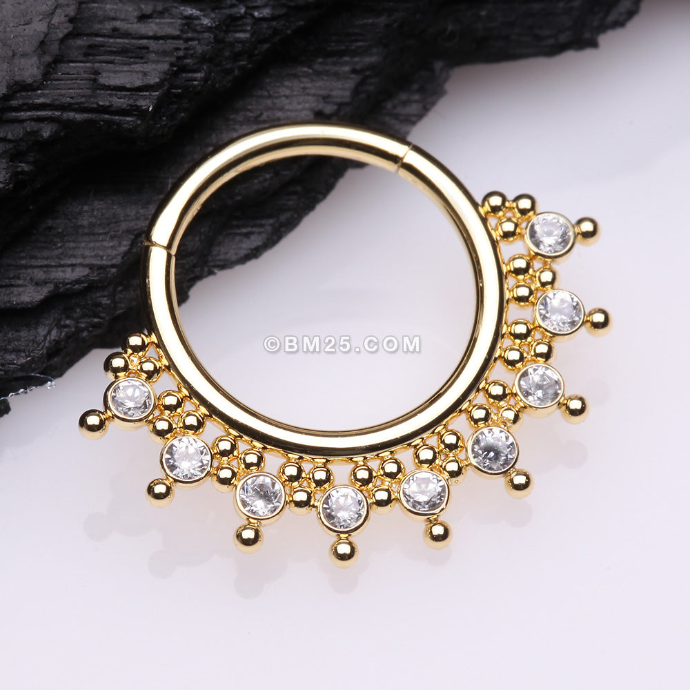Detail View 1 of Golden Royal Bali Floral Studded Sparkle Seamless Clicker Hoop Ring-Clear Gem