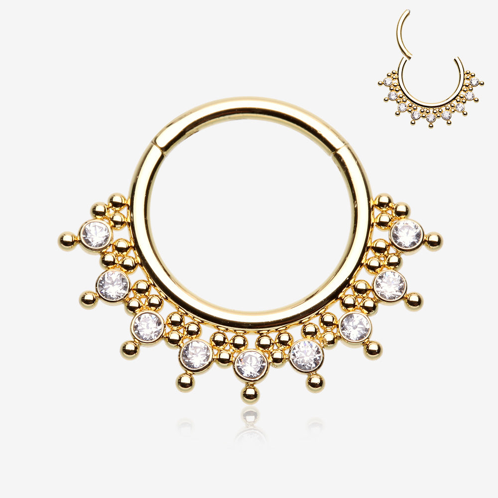 Golden Royal Bali Floral Studded Sparkle Seamless Clicker Hoop Ring-Clear Gem
