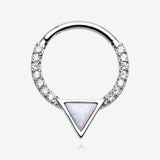 Fire Opal Triangle Multi-Gem Sparkle Rim Seamless Clicker Hoop Ring-Clear Gem/White Opal