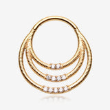 Golden Brilliant Sparkle Gem Lined Triple Loop Accent Seamless Clicker Hoop Ring-Clear Gem