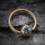 Detail View 1 of Gold Plated Gem Ball Captive Bead Ring-Aqua