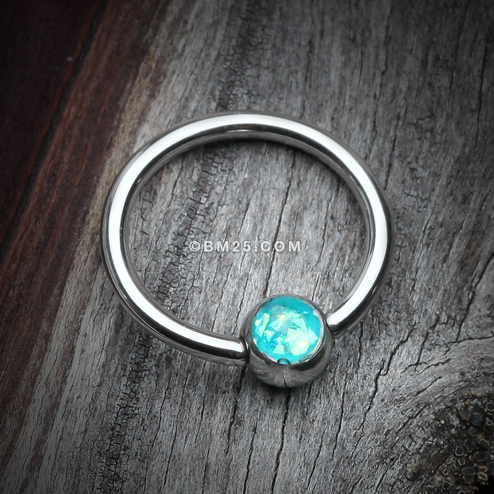Detail View 1 of Opalescent Sparkle Steel Captive Bead Ring-Teal