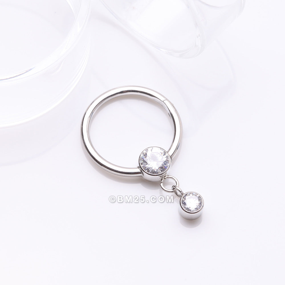 Detail View 2 of Simply Sparkly Dangle Gem Steel Clicker Hoop Ring-Clear Gem