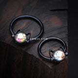 Detail View 1 of Blackline Adorable Cat Face Sparkle Captive Bead Ring-Black/Aurora Borealis