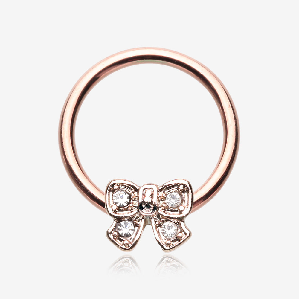 Rose Gold Dainty Bow-Tie Sparkle Captive Bead Ring-Clear Gem