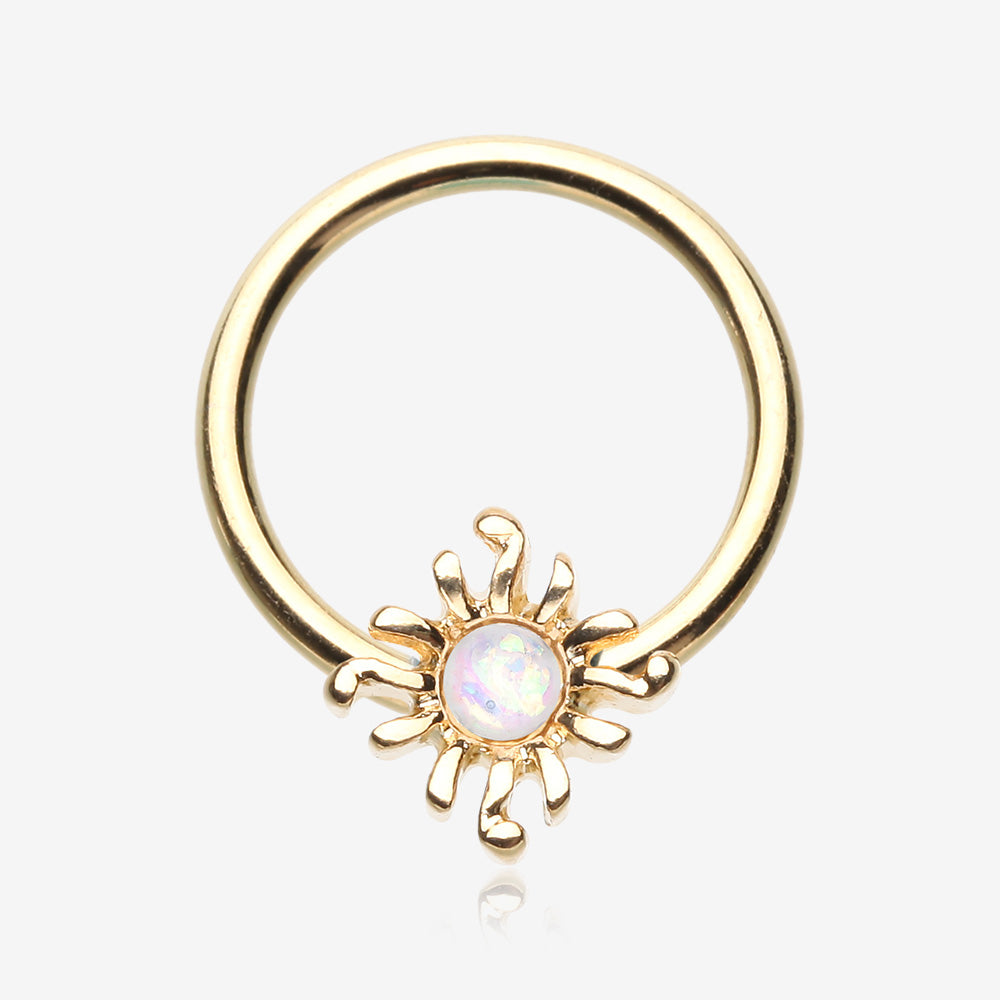 Golden Blazing Opalescent Sun Sparkle Captive Bead Ring-White