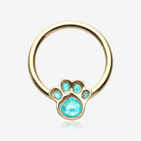 Golden Adorable Paw Print Opalescent Sparkle Captive Bead Ring-Teal