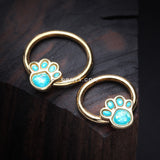 Detail View 1 of Golden Adorable Paw Print Opalescent Sparkle Captive Bead Ring-Teal