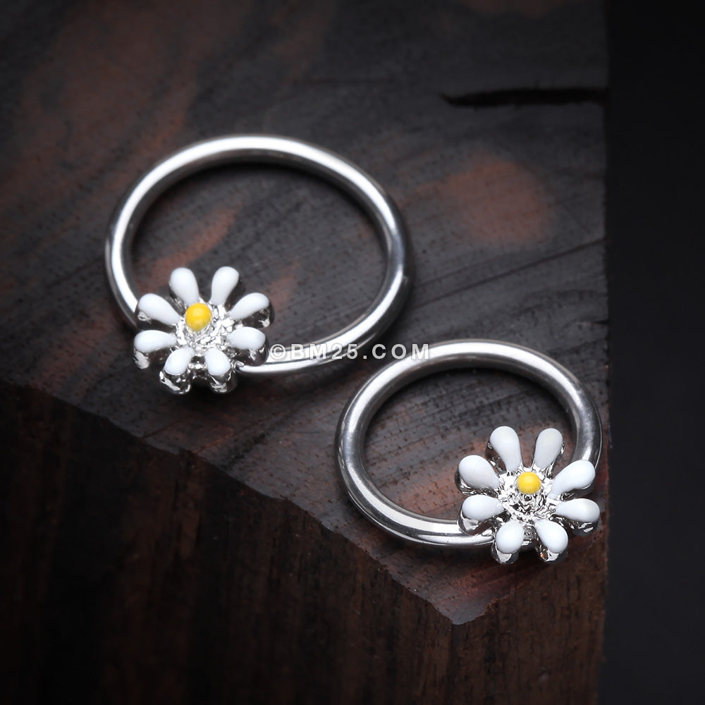 Detail View 1 of Adorable Daisy Flower Captive Bead Ring-White/Yellow