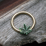 Detail View 1 of Golden Cannabis Pot Leaf Captive Bead Ring-Green