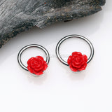 Detail View 1 of Dainty Rose Blossom Steel Captive Bead Ring-Red