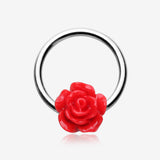 Dainty Rose Blossom Steel Captive Bead Ring-Red
