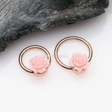 Detail View 1 of Rose Gold Dainty Rose Blossom Steel Captive Bead Ring-Pink