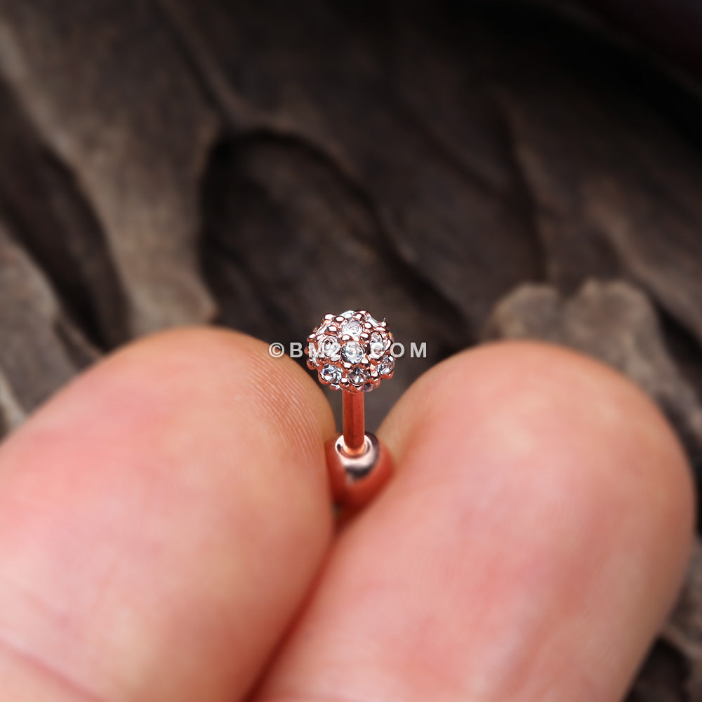 Detail View 1 of Rose Gold Pave Sparkle Full Dome Cartilage Tragus Earring-Clear Gem