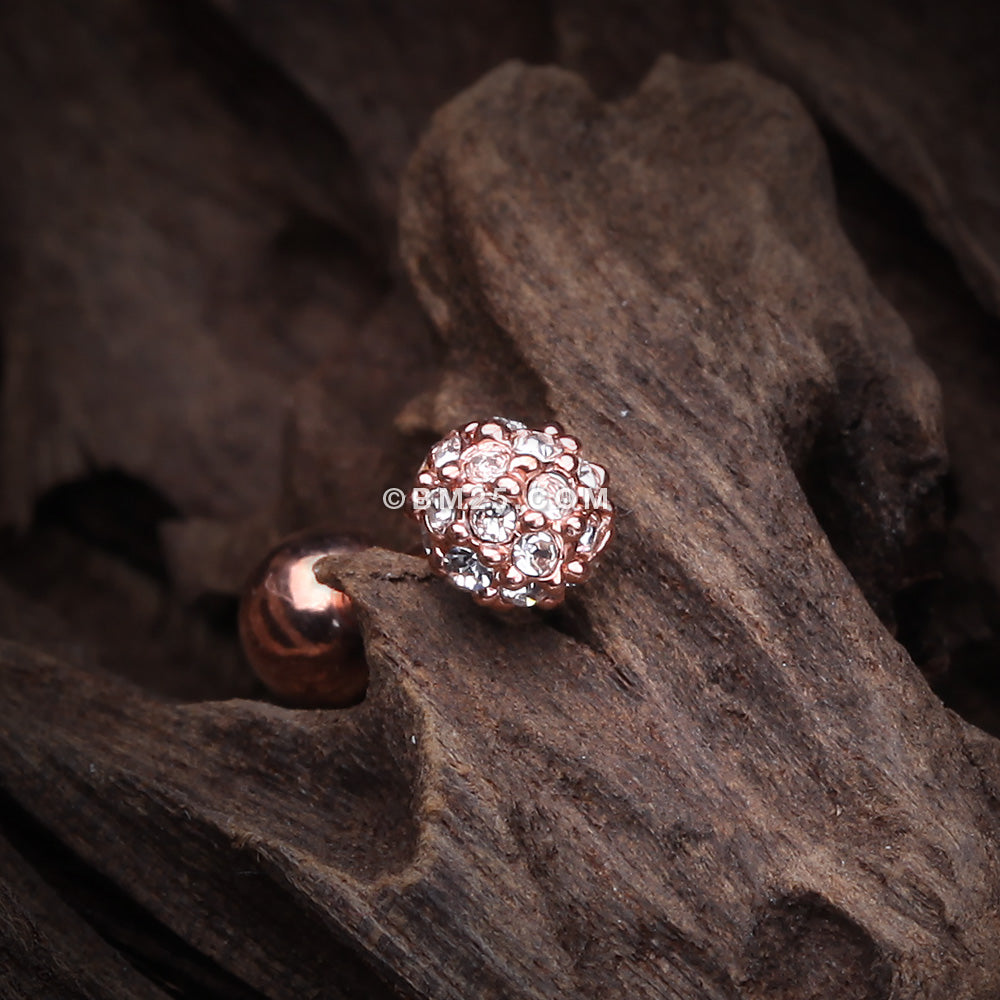 Detail View 2 of Rose Gold Pave Sparkle Full Dome Cartilage Tragus Earring-Clear Gem