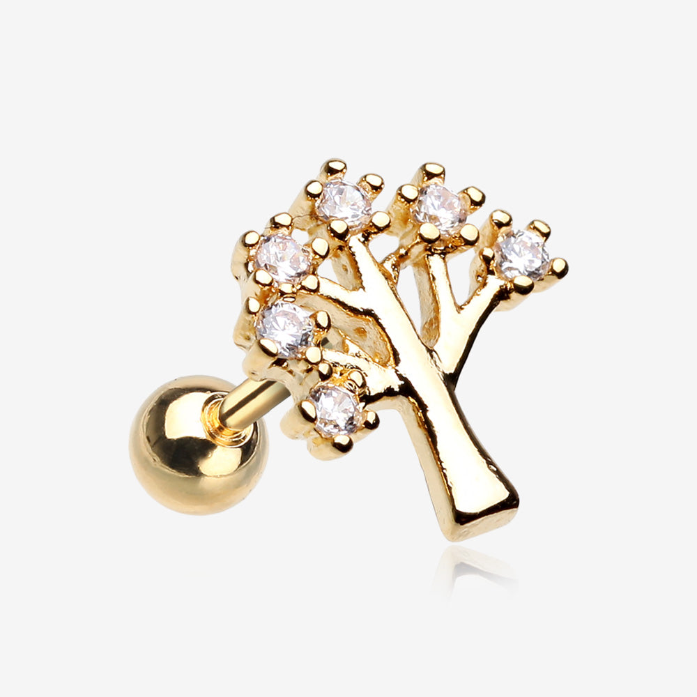 Golden Tree of Life Sparkle Cartilage Tragus Earring-Clear Gem