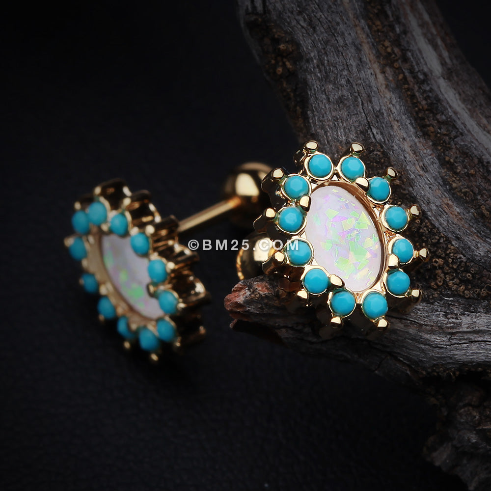 Detail View 2 of Golden Elegant Opal Turquoise Cartilage Tragus Earring-Turquoise/White