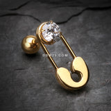 Detail View 1 of Golden Sparkle Safety Pin Cartilage Tragus Barbell-Clear Gem