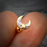Detail View 1 of Golden Crescent Moon Star Sparkle Cartilage Tragus Barbell-Aurora Borealis