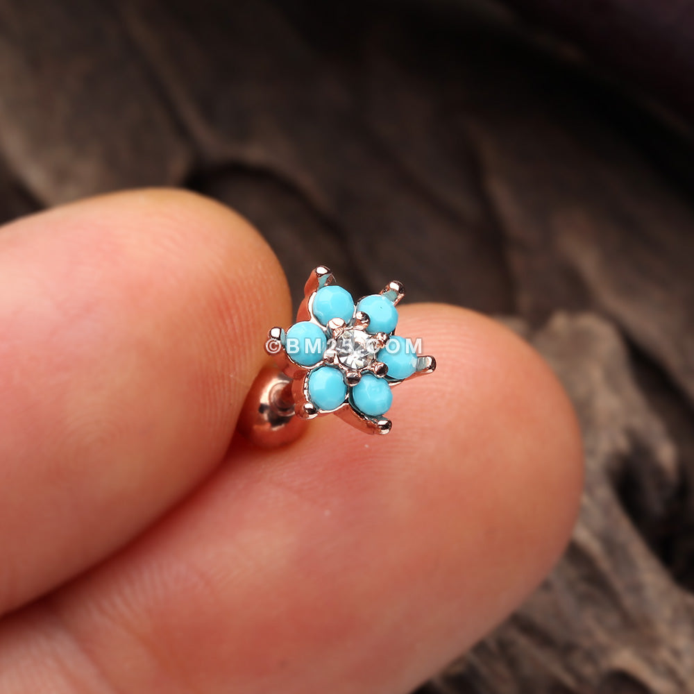 Detail View 1 of Rose Gold Turquoise Spring Flower Sparkle Cartilage Tragus Earring-Turquoise/Clear