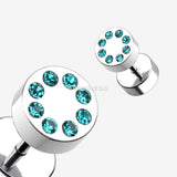 Detail View 1 of A Pair of Multi Gem Encircled Steel Fake Plug Earring-Teal