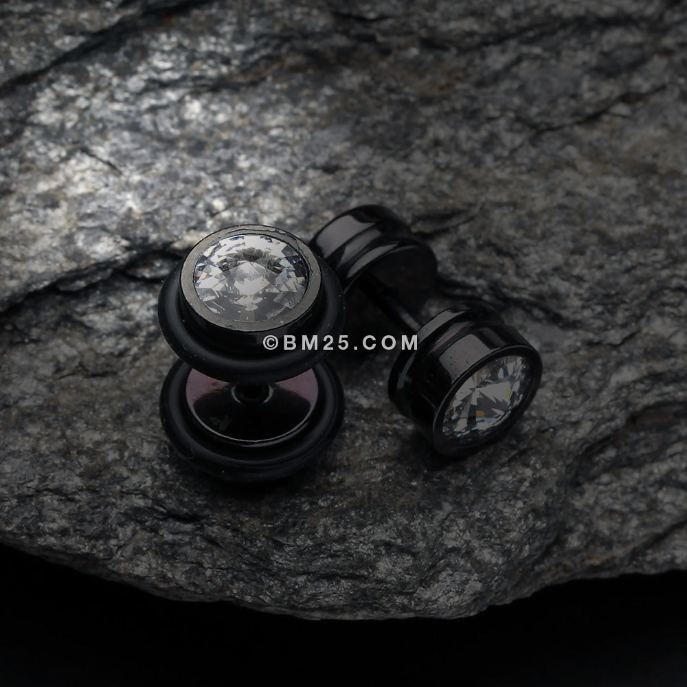Detail View 1 of A Pair of Blackline Pointy Crystalline Faux Gauge Plug Earring-Black/Black Diamond