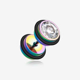 A Pair of Blackline Pointy Crystalline Faux Gauge Plug Earring-Rainbow/Clear
