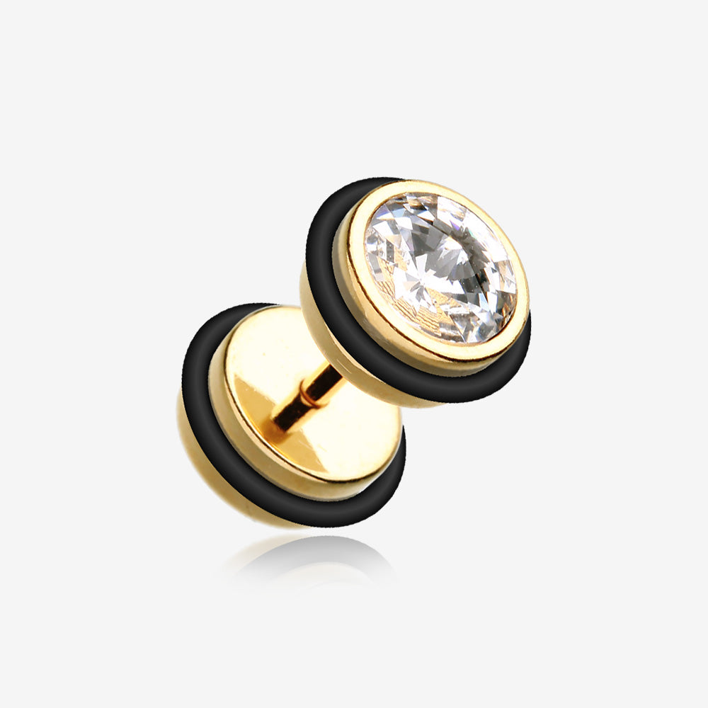 A Pair of Gold PVD Gem Top Fake Plug with O-Rings-Clear Gem
