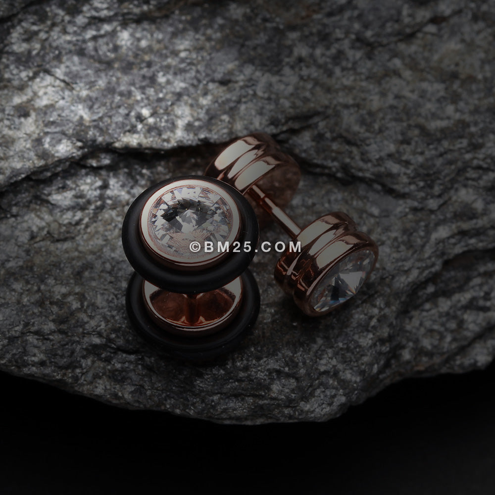 Detail View 1 of A Pair of Rose Gold PVD Gem Top Fake Plug with O-Rings-Clear Gem