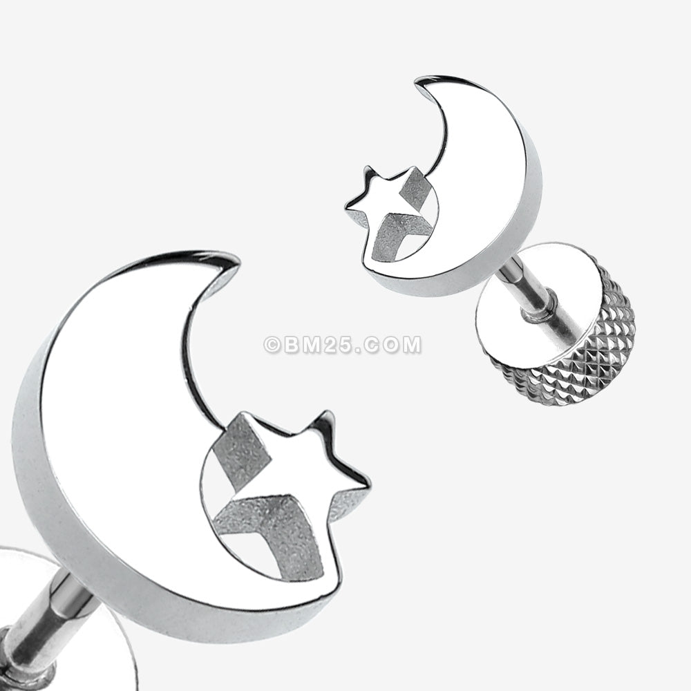 Detail View 1 of A Pair of Crescent Moon & Star Steel Fake Plug Earring-Steel
