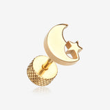 A Pair of Golden Crescent Moon & Star Fake Plug Earring-Gold