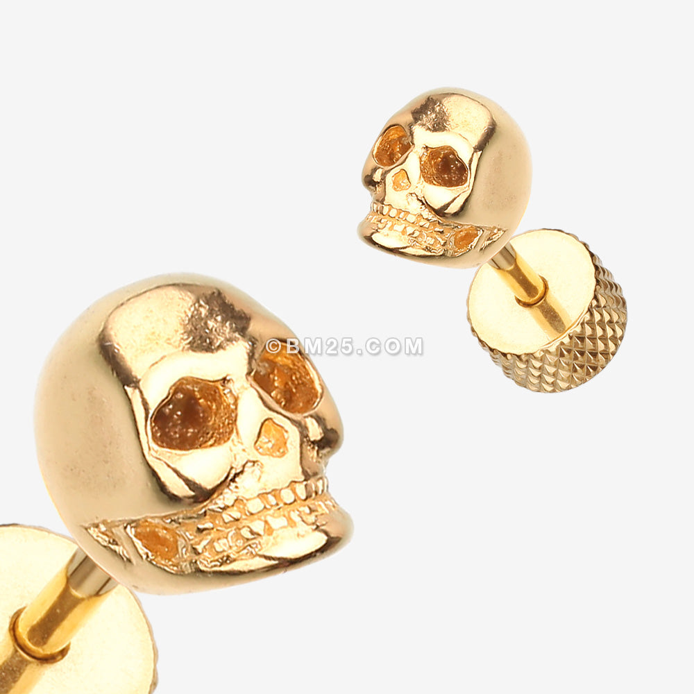 Detail View 1 of A Pair of Golden Death Skull Steel Fake Plug Earring-Gold